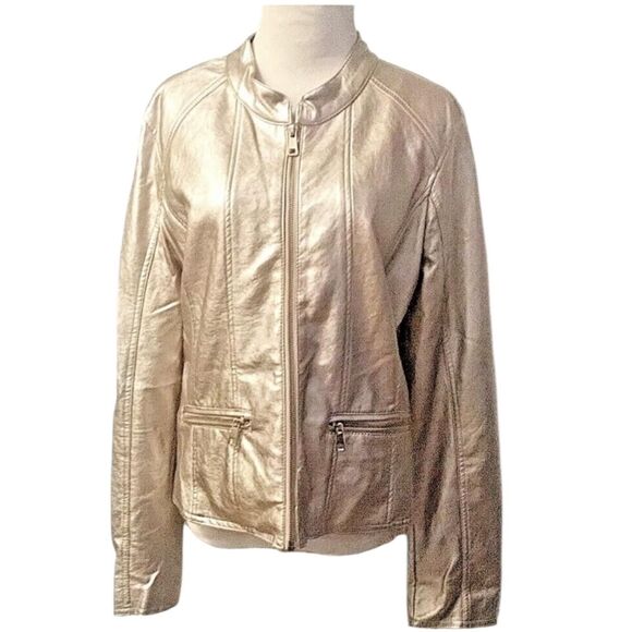 Cavalini Jacket Womens Large Champagne Metallic Faux Leather Zip Collarless - Picture 2 of 9